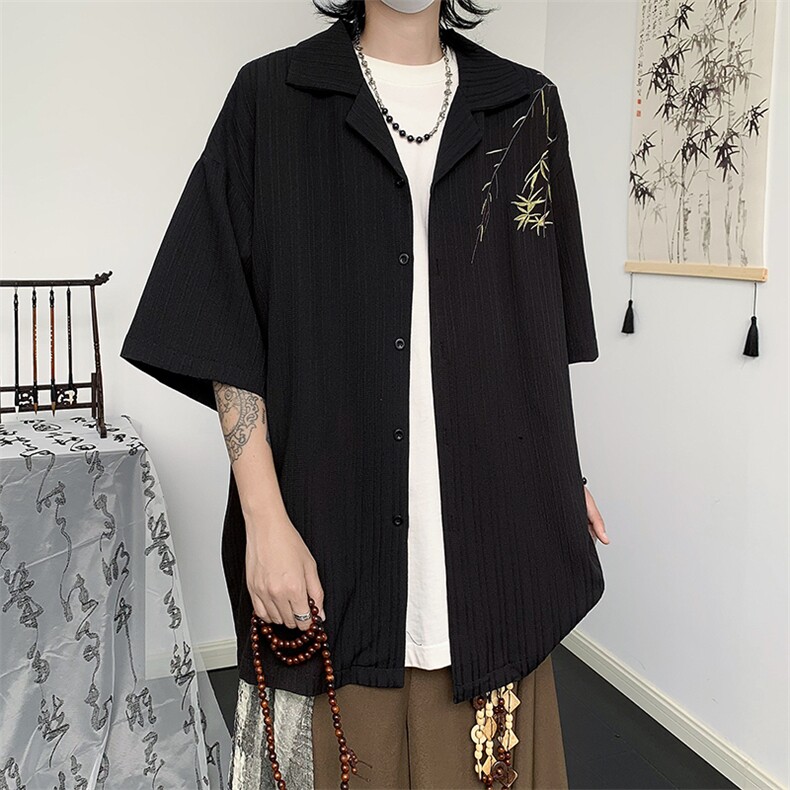 新款冰丝刺绣西装领薄款衬衫短袖男宽松休闲设计感衬衣，男装衬衫，星座410-6（原星座1304-1）