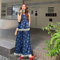 流苏无袖牛仔衬衫阔腿裤套装女夏大方得体流行两件套微胖显瘦爆款，女装套装/套裙，2D034