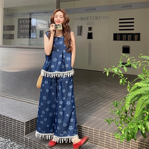 流苏无袖牛仔衬衫阔腿裤套装女夏大方得体流行两件套微胖显瘦爆款图片
