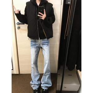 美式高街vibe裤子男款春秋水洗蓝加绒牛仔裤cleanfit弯刀直筒长裤