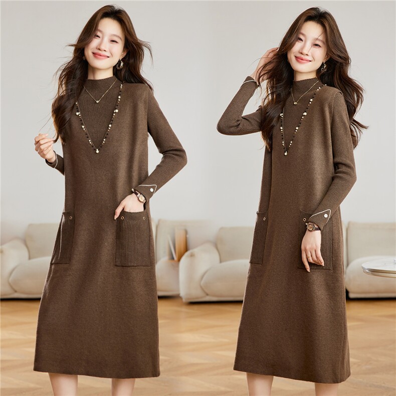 两件套钉珠半高领针织连衣裙女秋冬2025新款小个子显瘦打底毛衣裙，女装针织衫/毛衣，艾米