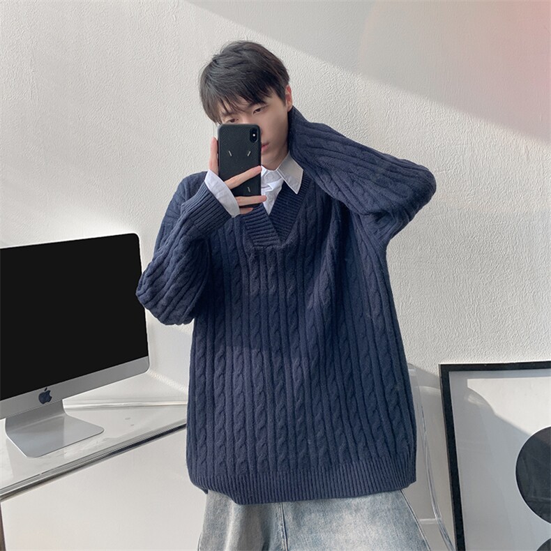 假两件衬衫领毛衣男秋冬宽松慵懒风韩系麻花针织衫外套MY19003P78,男装针织衫/毛衣,电商B312