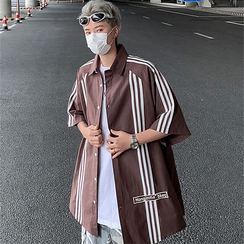 2025夏垂感潮流短袖衬衫夏季上衣翻领宽松半袖免烫衬衣男 CS003图片