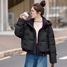 时尚撞色休闲连帽短款羽绒服女冬新款宽松加厚保暖白鸭绒外套，女装羽绒服，韩蔻秀