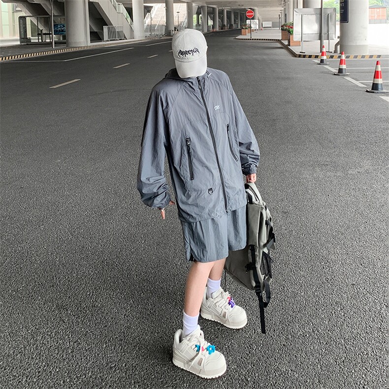 夏季薄款户外防晒衣套装男山系机能风宽松休闲百搭连帽运动两件套,男装防晒衣,星座410-6（原星座1304-1）