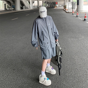 夏季薄款户外防晒衣套装男山系机能风宽松休闲百搭连帽运动两件套图片