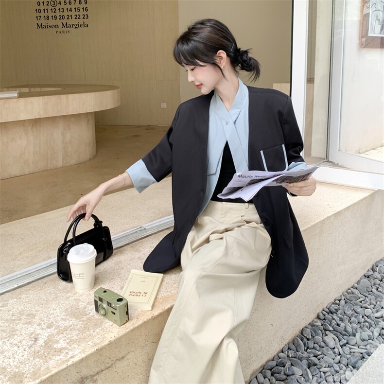 通勤拼接假两件短款西服上衣女春秋超火好看高级小众职业西装外套,女装西装,韩蜜菓