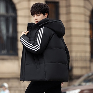 阿迪同款三条杠羽绒服男短款情侣连帽外套加厚保暖上衣图片