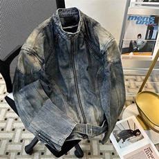 立领拉链重工拼接水洗做旧有垫肩牛仔夹克外套男宽松JK08962-P90，男装工装外套，星座308B-1