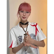 美式复古运动t恤男女夏季新款撞色拼接球衣风v领短袖设计感宽松潮，男装T恤，星座1210-1