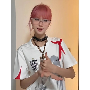美式复古运动t恤男女夏季新款撞色拼接球衣风v领短袖设计感宽松潮图片
