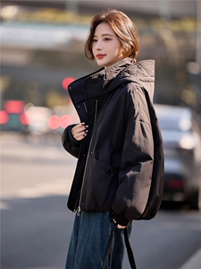 填充棉羊毛黑色保暖厚棉服女2026冬季新款连帽气质百搭设计感外套图片
