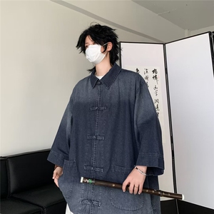 新款新中式盘扣牛仔衬衫外套男女宽松设计感短袖衬衣潮N9866-p65图片