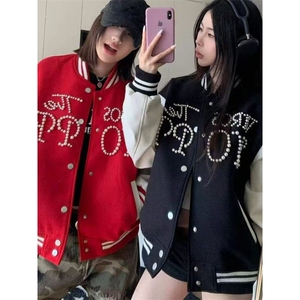 2025春季美式拼接撞色钉珠棒球服男女宽松百搭休闲夹克外套图片