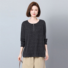2025秋季新品常规长袖宽松型纯色休闲风圆领长袖T恤高品质面料，女装T恤，秋牧寒烟