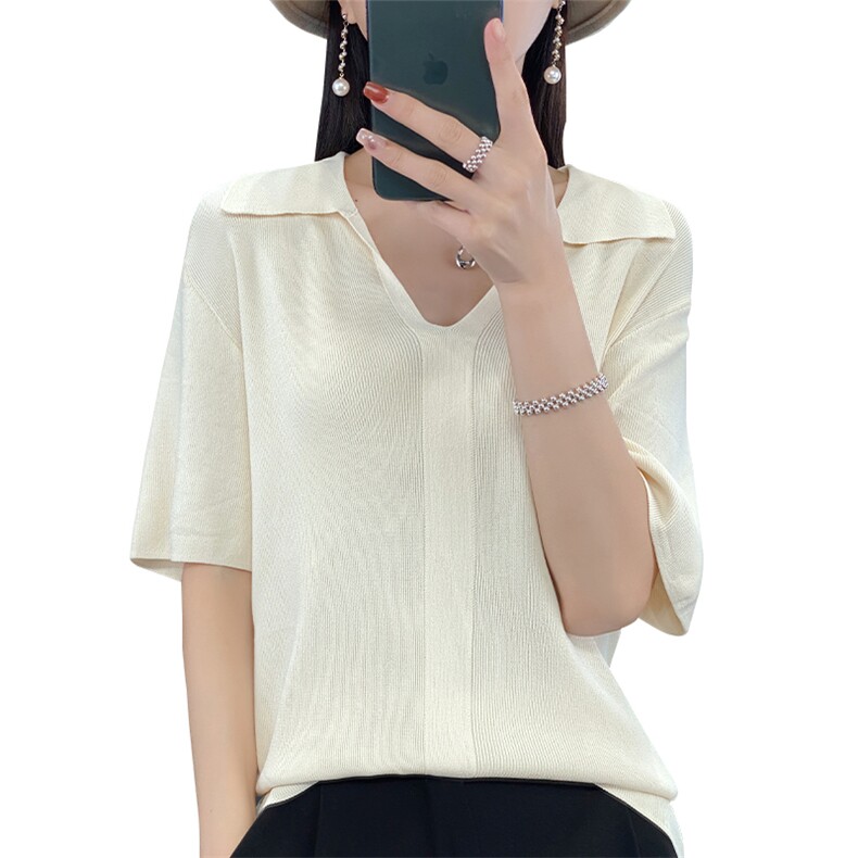 冰丝Polo领针织衫短袖女薄款打底衫夏季新款宽松半袖纯色t恤上衣,针织衫/毛衣,萱芳婷羊绒