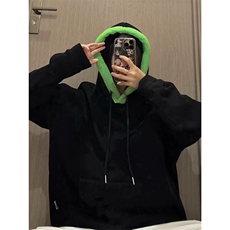 美式重磅撞色连帽卫衣男秋冬oversize加绒加厚宽松卫衣EG117-P45，男装卫衣，星座1001-1