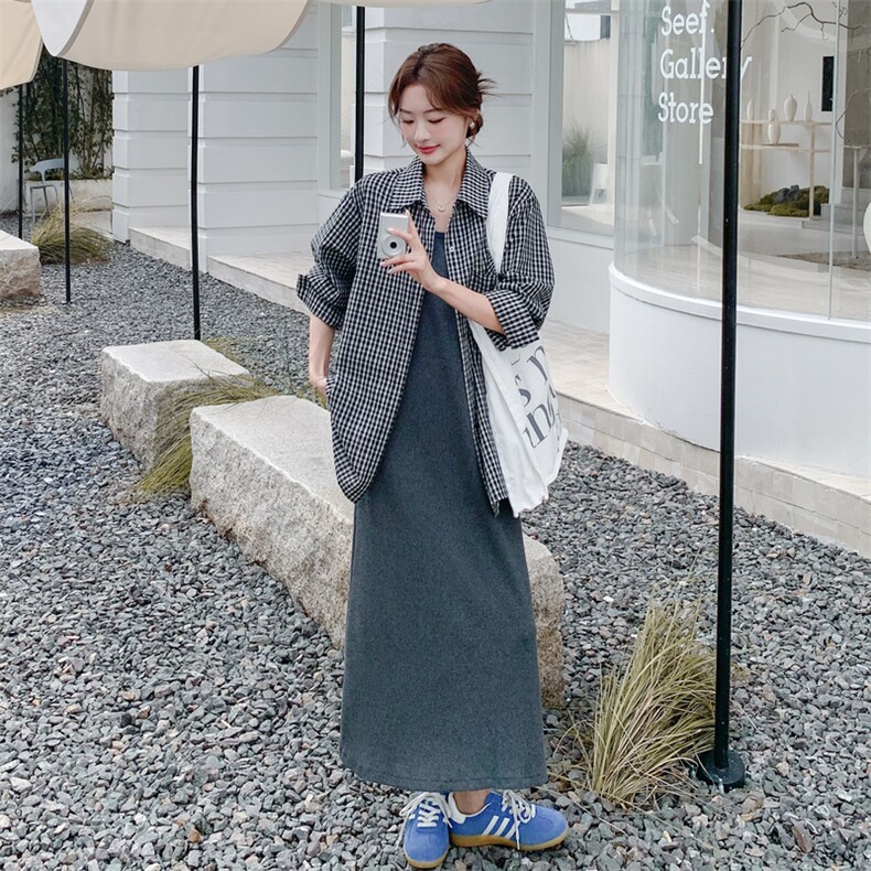 复古格子长袖衬衫背心连衣裙两件套女秋季宽松慵懒风小众衬衣外套,女装套装/套裙,2C093