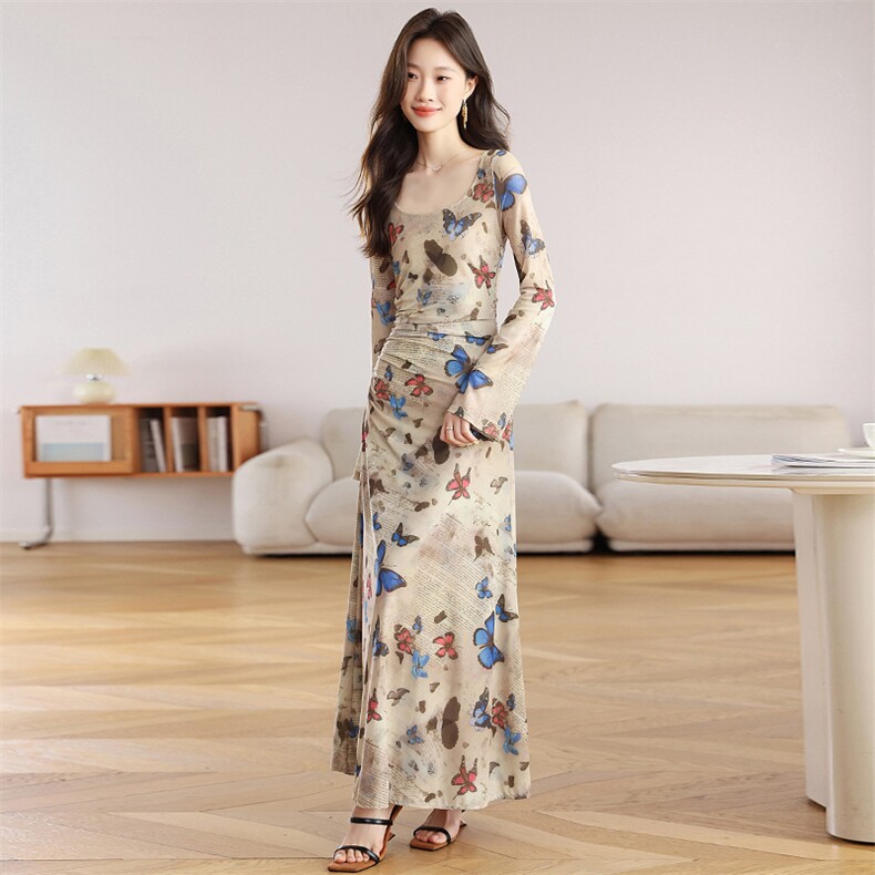 早秋女辣妹复古印花蝴蝶连衣裙长袖收腰性感修身网纱长裙性感气质，女装连衣裙，艾米