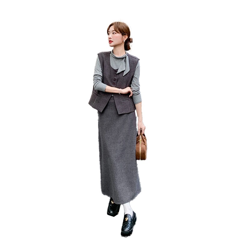 老钱风穿搭灰色马甲套装女秋季2025新款高级感打底衫半身裙三件套,女装套装/套裙,2C029
