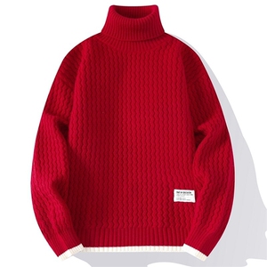78590-P50港风撞色高领毛衣男冬季新款潮流复古重磅加厚宽松套头图片