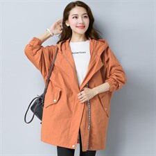 长袖中长款直筒2024年秋季拉链连帽时尚百搭纯色风衣，女装风衣，江忆布依