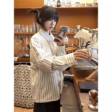 美式潮牌高街复古泡泡纱竖条纹日系肌理长袖衬衫男女休闲宽松衬衣，男装衬衫，电商A443