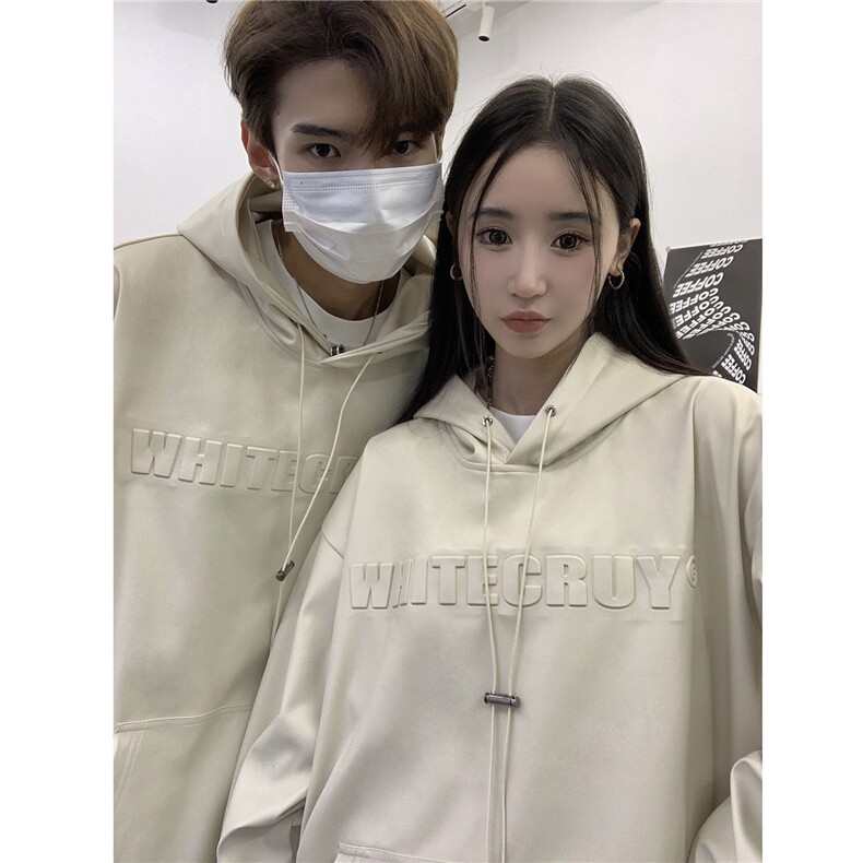 秋装港风潮美式复古压印立体情侣卫衣PU皮衣外套男女G1066P78,男装皮衣,电商A339