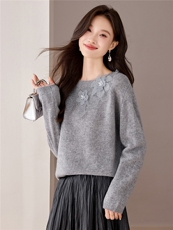 100%羊毛衫2025秋季重工蕾丝钉花宽松一字领针织衫毛衣外穿高端，女装羊毛衫，艾米