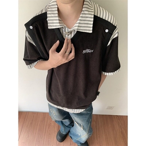 假两件POLO衫男女韩版潮流拼接帅气2025夏季insT恤WB464-P46图片