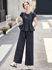 夏季薄款短袖牛仔套装女2025新款设计感蕾丝钩花吊带阔腿裤三件套，女装套装/套裙，韩宇舍