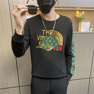 W3406-特P50男士春秋季潮牌亮片烫钻男生欧版社会小伙圆领长袖t恤图片