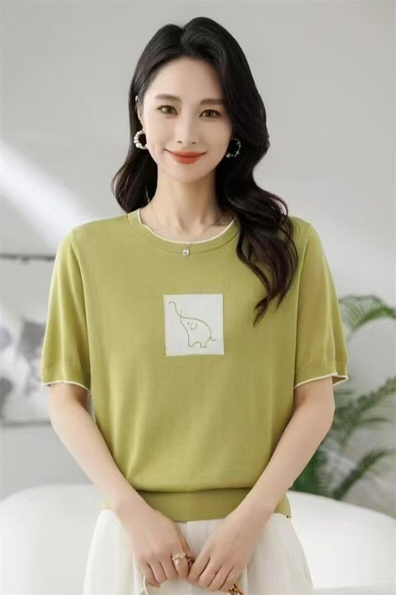 夏季新款简约时尚百搭小象提花天丝短袖,女装T恤,尚雪电商供货