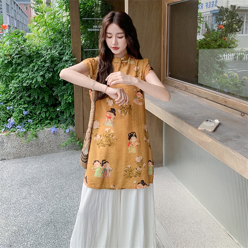 新中式复古印花改良旗袍套装女2025夏新款气质高级感阔腿裤两件套,女装套装/套裙,浙宝305
