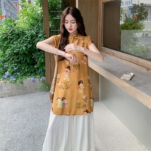 新中式复古印花改良旗袍套装女2025夏新款气质高级感阔腿裤两件套图片
