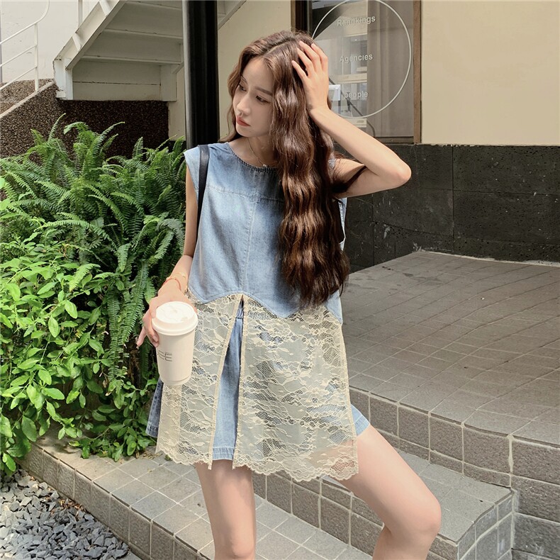 设计感蕾丝拼接牛仔背心套装女2025夏季新款小个子阔腿短裤两件套,女装套装/套裙,维壹