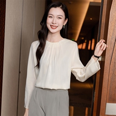 高端真丝上衣女长袖T恤2026春季圆领气质妈妈印花重磅真丝小衫t，女装衬衫，阿舍尔精品