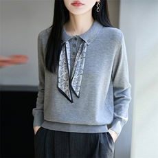 早秋新款时尚外穿洋气针织小衫上衣领结丝巾宽松显瘦薄款毛衣打底，女装针织衫/毛衣，唐诺