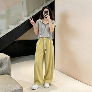 女夏季高级感休闲运动套装撞色拼接抽绳连帽短袖卫衣阔腿裤两件套图片