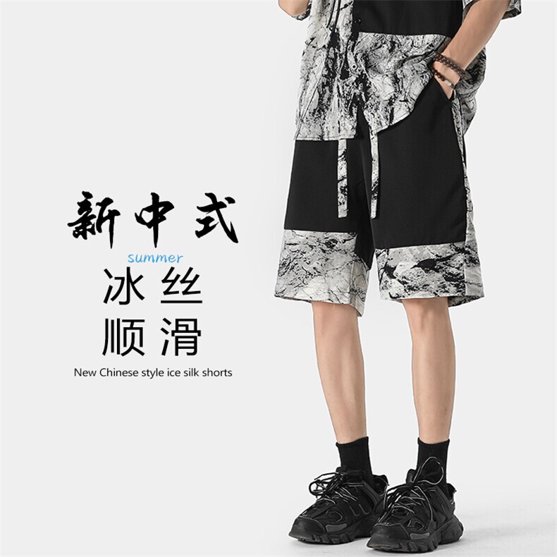特批P28无差价夏季风拼接水墨画短裤冰丝休闲五分裤男DK1861,男装休闲裤,电商A001