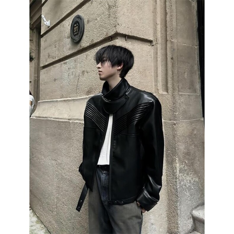 eanfit短款皮衣外套男潮高级感痞帅男装垫肩解构设计感机车夹克,男装皮衣,四季星座505