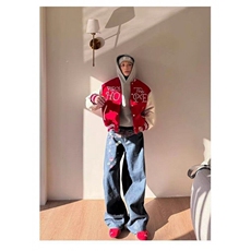 Q06/P76春外套男高街毛呢拼皮棒球服珍珠钉珠原宿风潮夹克2，男装夹克，星座1506