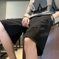 爆长裤改短裤高街补丁毛边牛仔松紧腰五分裤XZ603-K324-P50控68，男装牛仔裤，星座603