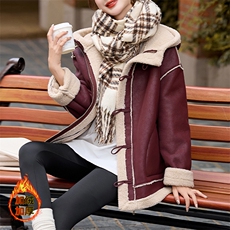 连帽羊羔毛外套女冬2024新款时尚休闲加绒加厚皮毛一体中长款棉服，女装羊羔毛/颗粒绒，美拉德工厂直营店