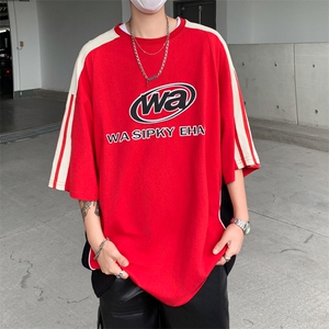 C404-P38 夏季新款美式复古运动拼接短袖男小众宽松百搭T恤 现货图片