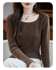 2025秋冬新款舒适百搭简约软糯时尚圆领长袖收腰打底衫，女装针织衫/毛衣，美雪羊绒