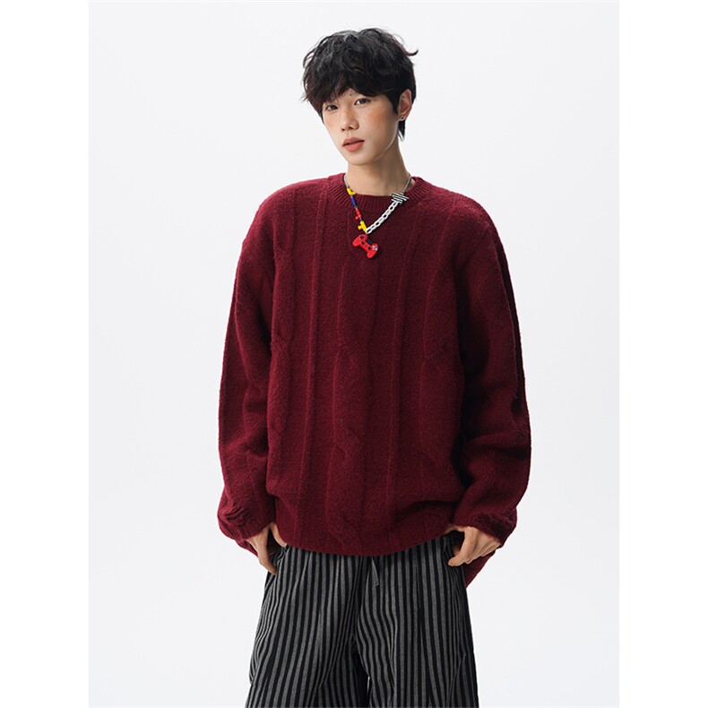 麻花纹理内搭羊毛衫男套头羊绒衫男酒红色本命年毛衣男MY1221-P68，男装针织衫/毛衣，电商D206-1