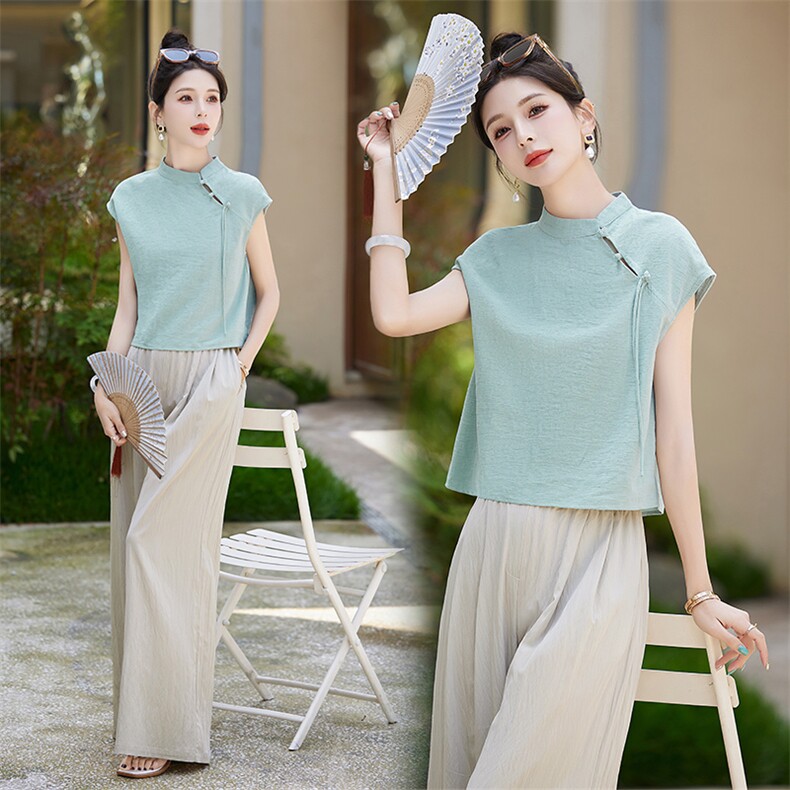 棉麻套装女夏季2025新款洋气减龄时尚新中式阔腿裤休闲两件套，女装套装/套裙，关键词