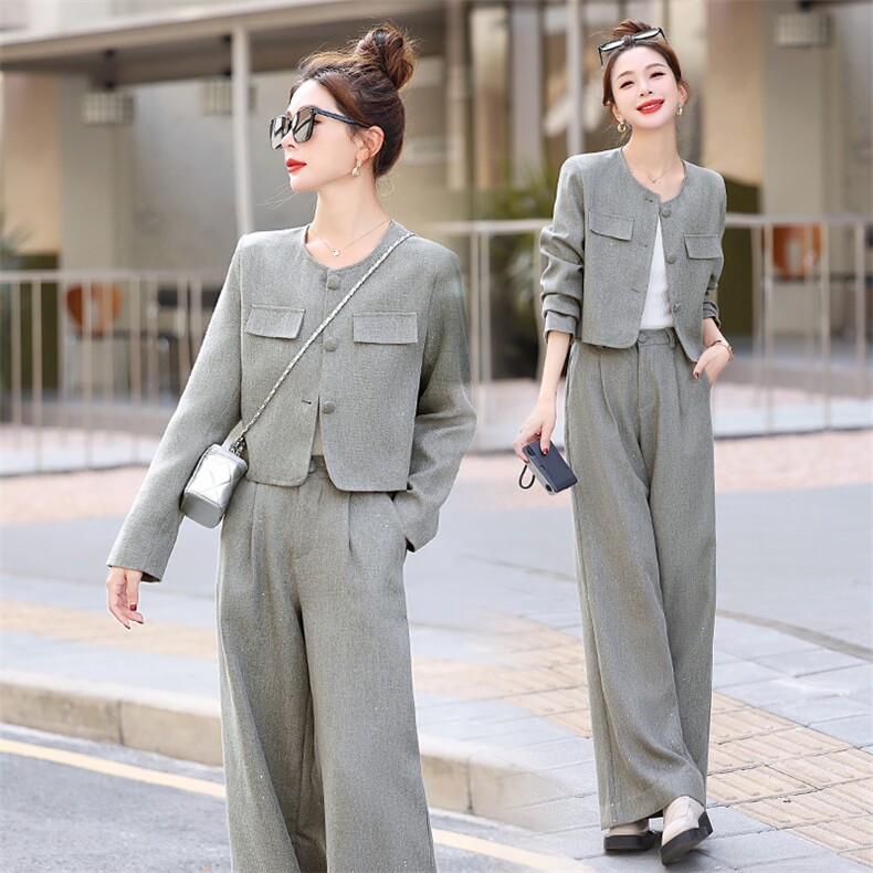 2025春季时髦小香风通勤气质显瘦单排扣烫钻套装裤时尚套装两件套，女装套装/套裙，秋水欣儿