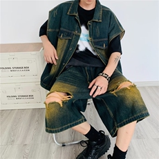 美式牛仔套装男韩版潮流无袖高街2023夏季新款ins五分裤W4924-P85，男装休闲套装，星座412-3